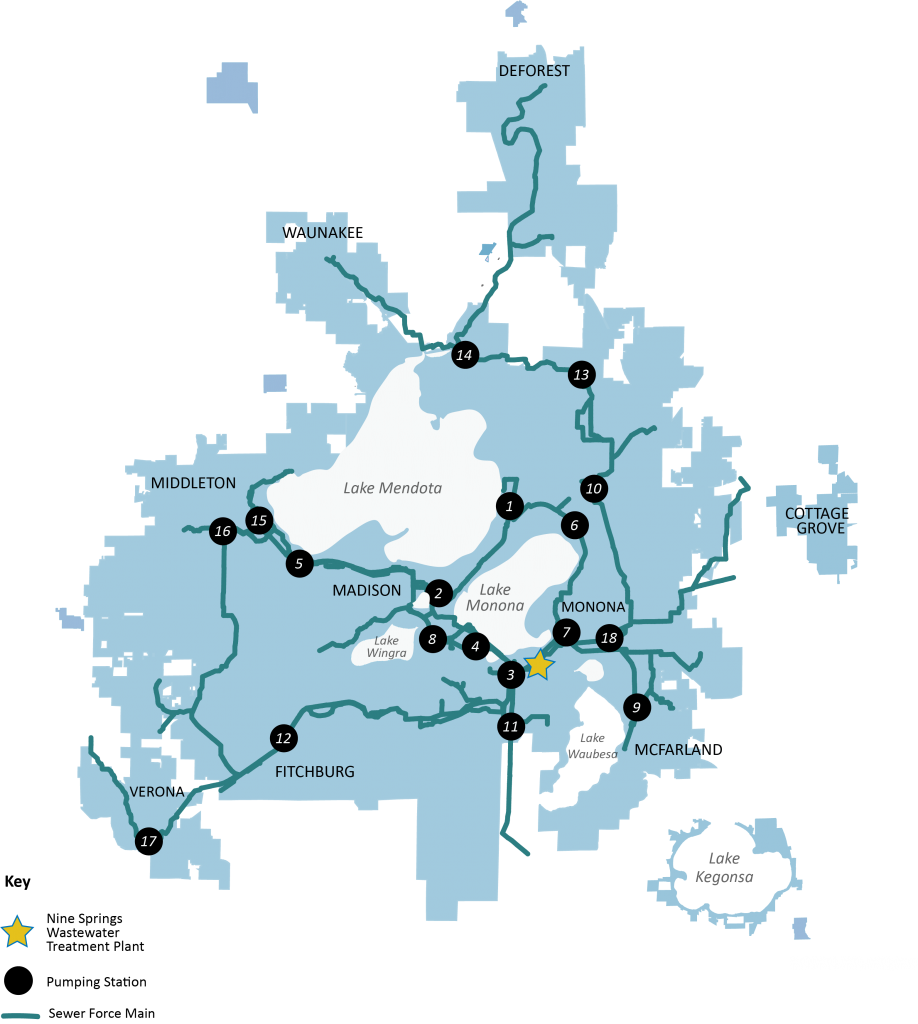 A collection system map of Madison and Dane County outlining the District's service area, pumping stations and sewer force mains.