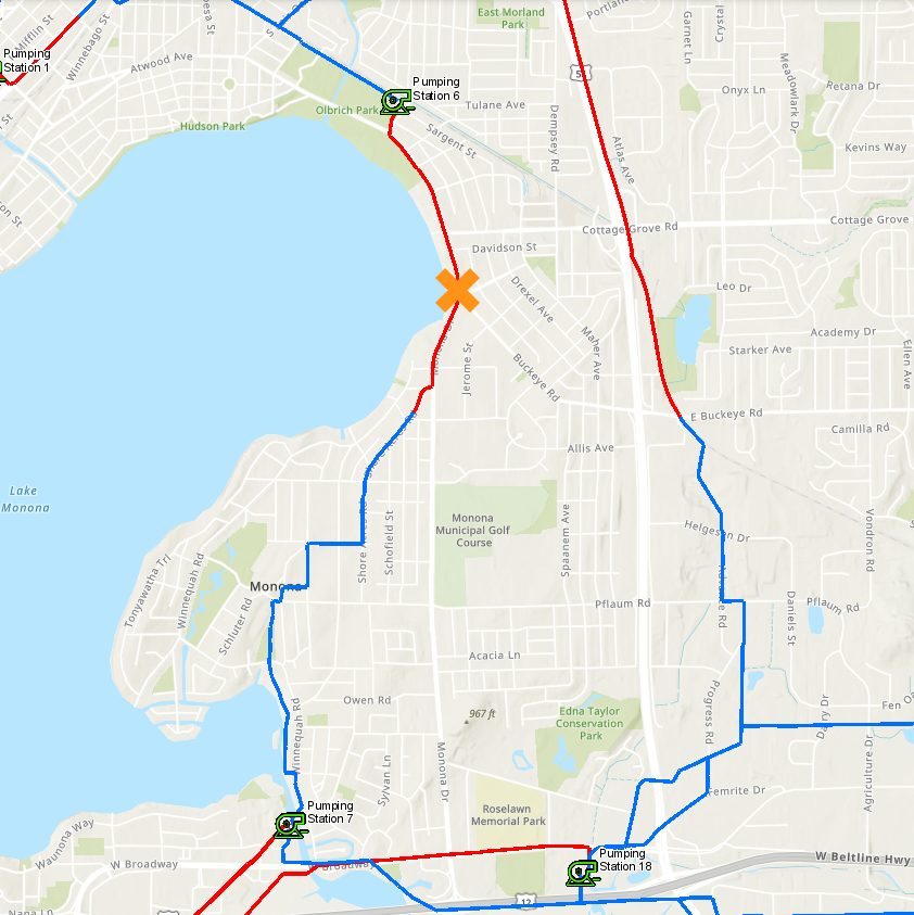 Collection System Map from Pump Station 6 to Pump Station 7 with the forcemain repair area on Monona Drive indicated with an X.