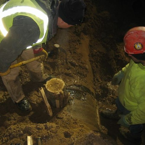 District staff pound a tree limb into a hole in the forcemain pipe as a temporary, innovative repair.