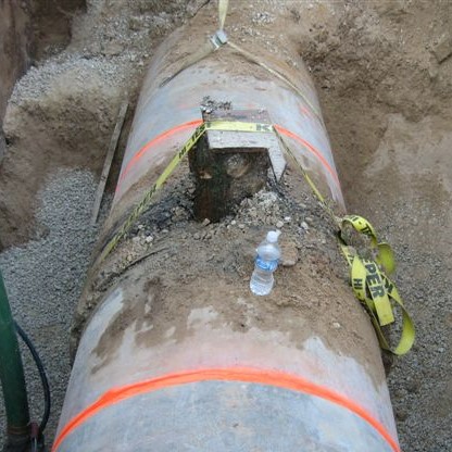 A temporary, innovative repair to a forcemain pipe tree limb repair, and a water bottle for scale.