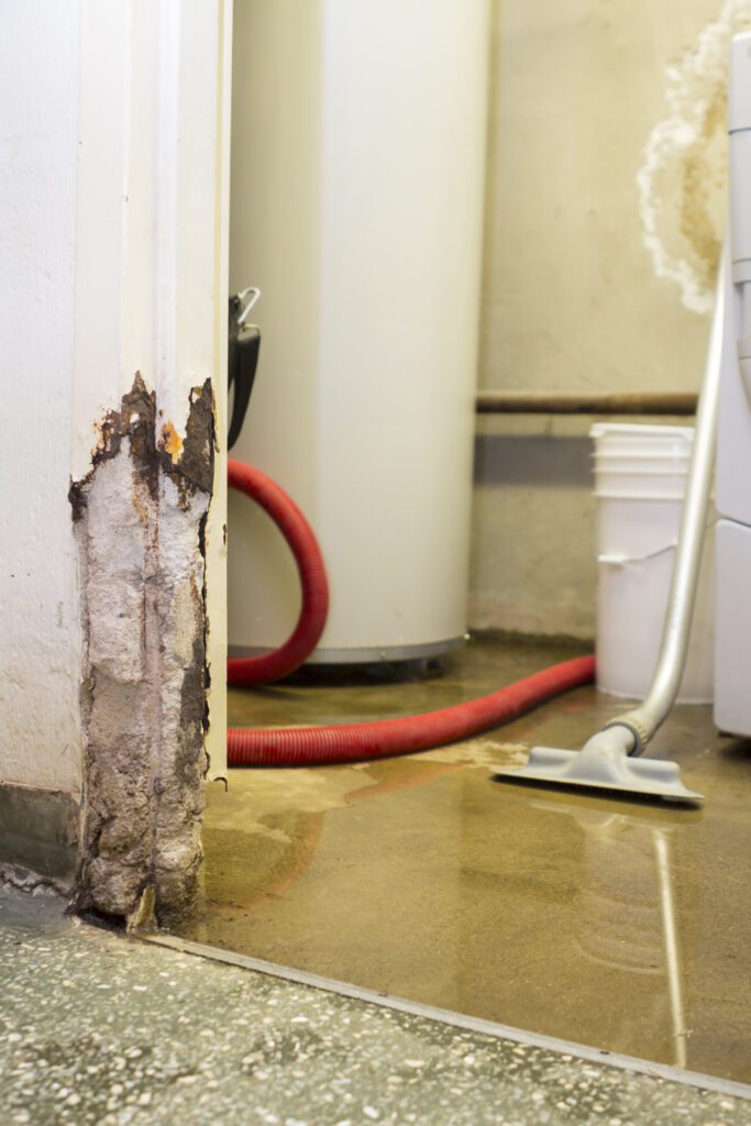 A shop vac vacuum sits in a flooded basement with standing water and damage to walls.