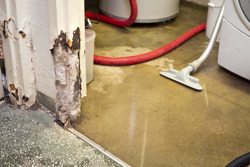 A shop vac vacuum sits in a flooded basement with standing water and damage to walls.