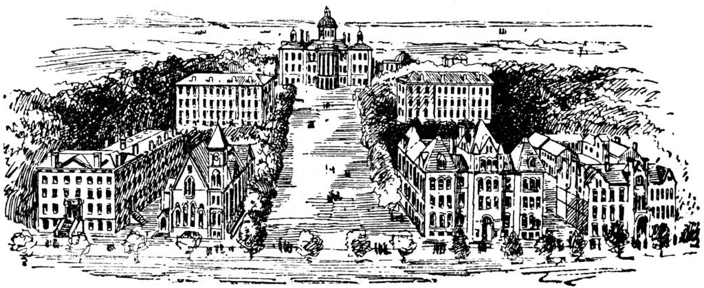 An antique drawing or historic illustration of the UW-Madison campus.