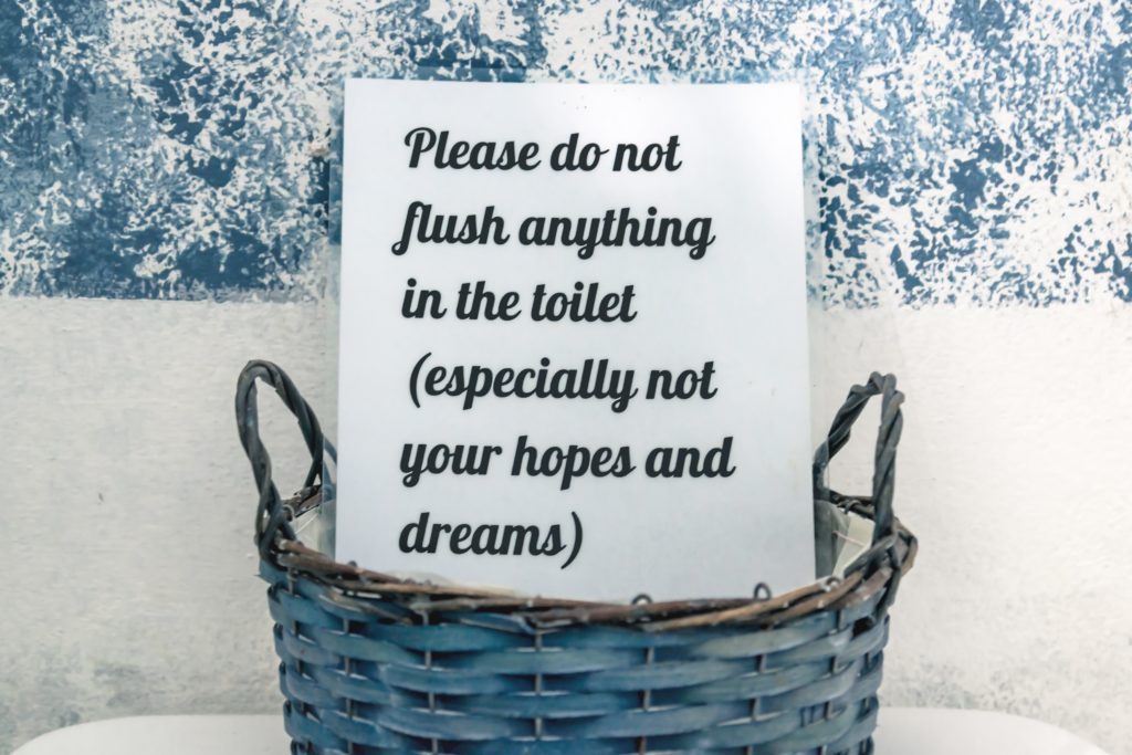 Friendly reminder toilet sign in blue basket that says 'Please do not flush anything in the toilet (especially not your hope and dreams) for flushables and non-flushables education and to protect your pipes.