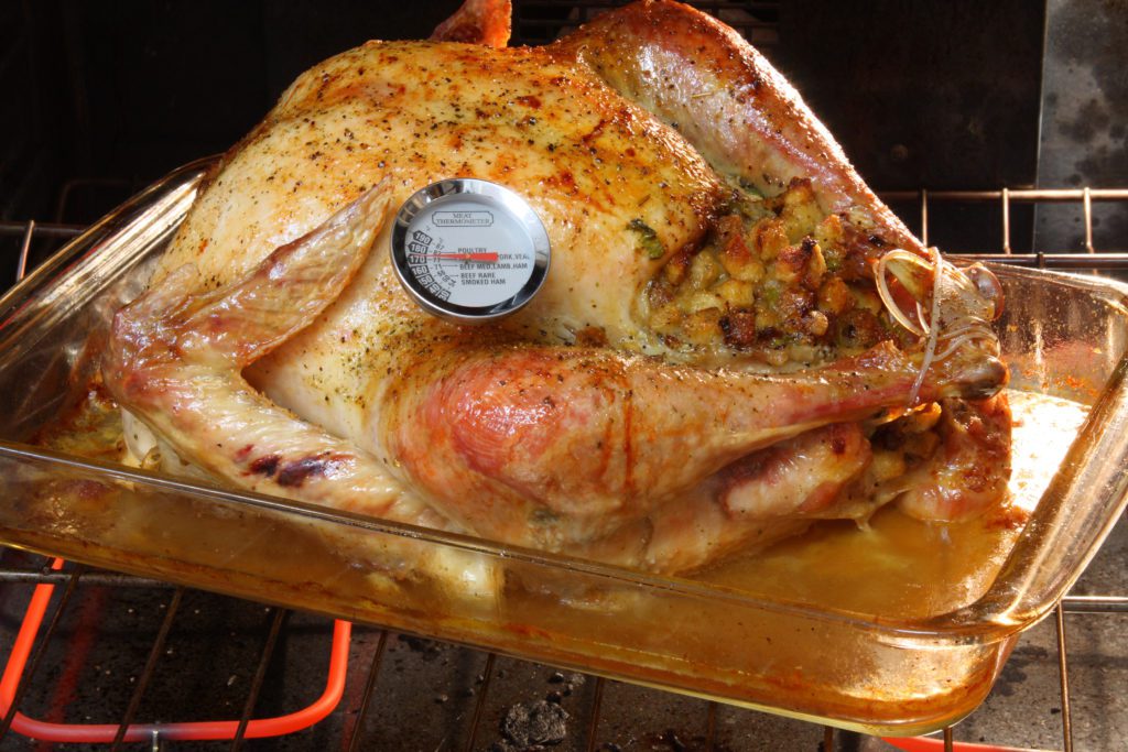 Golden roasted turkey in the oven with a meat thermometer and juices in the bottom of the dish for FOG or fats, oils and grease disposal education to protect your pipes.