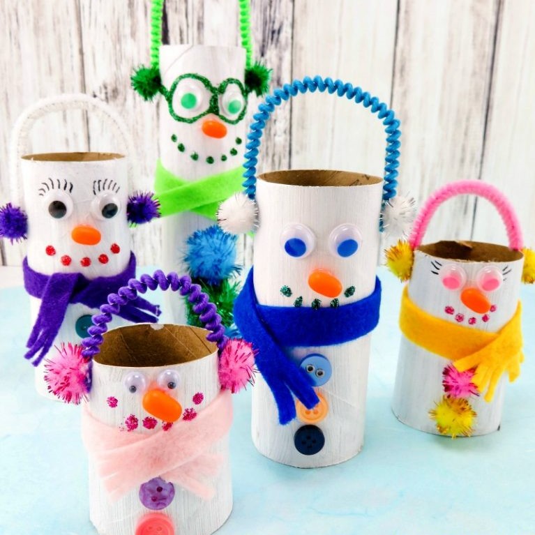 Cute snowman and snowpeople toilet paper roll craft for tabletops and mantles.