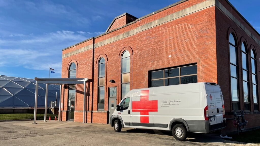 A Red Cross van parks in front of Shop One at the District's Nine Springs Wastewater Treatment Plant.