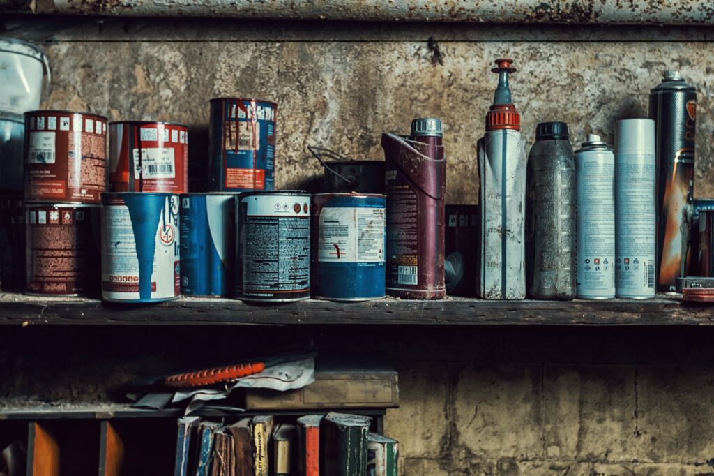 Household paints, chemicals, varnishes, oils and other poisonous items for the environment site on a garage shelf.