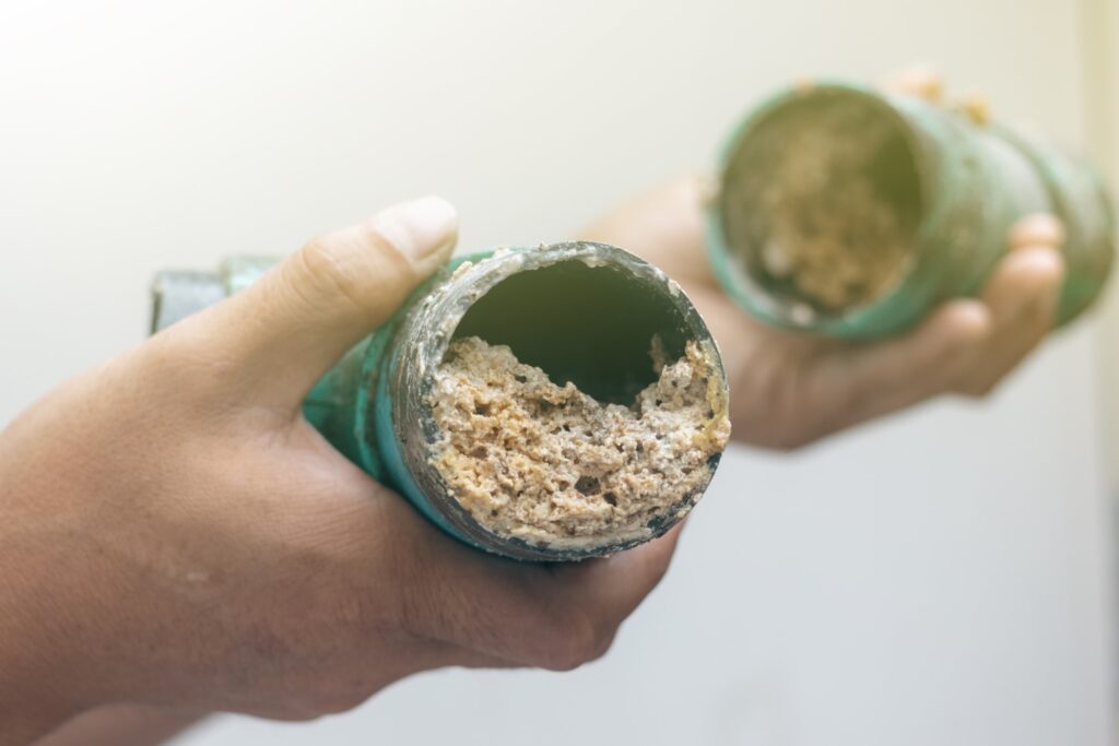 Hands are holding a pipe clogged with fats, oils and grease, or FOG, that should not go down a drain or into a garbage disposal.