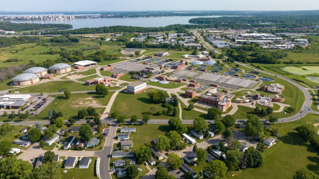 An aerial view of the Nine Springs Wastewater Treatment Plant with downtown Madison, the Wisconsin Capital building and Lake Monona and Lake Mendota in the distance.