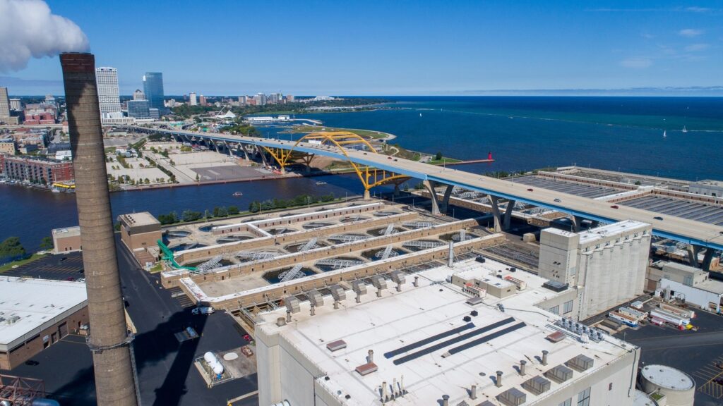 Aerial view of the Jones Island Water Reclamation Facility in Milwaukee, Wisconsin, near downtown and on the coast of Lake Michigan.