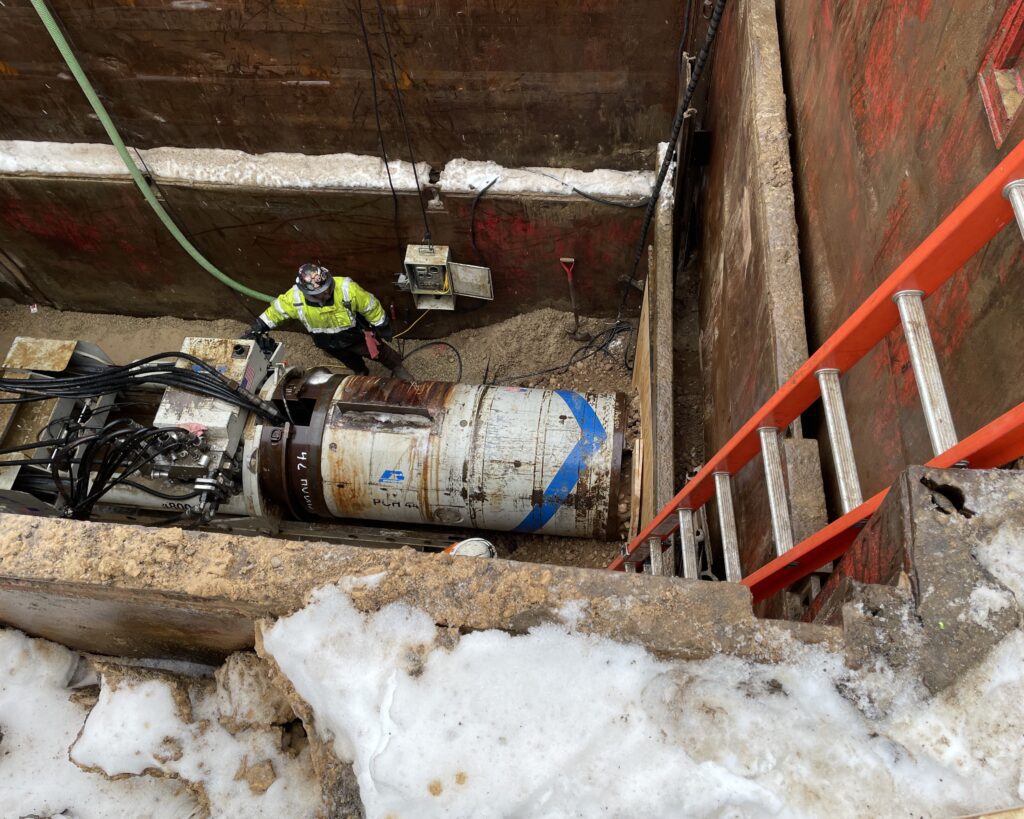 A microtunnel power cutting head tunnels under a
crossing of the Military Ridge State trail in Verona.