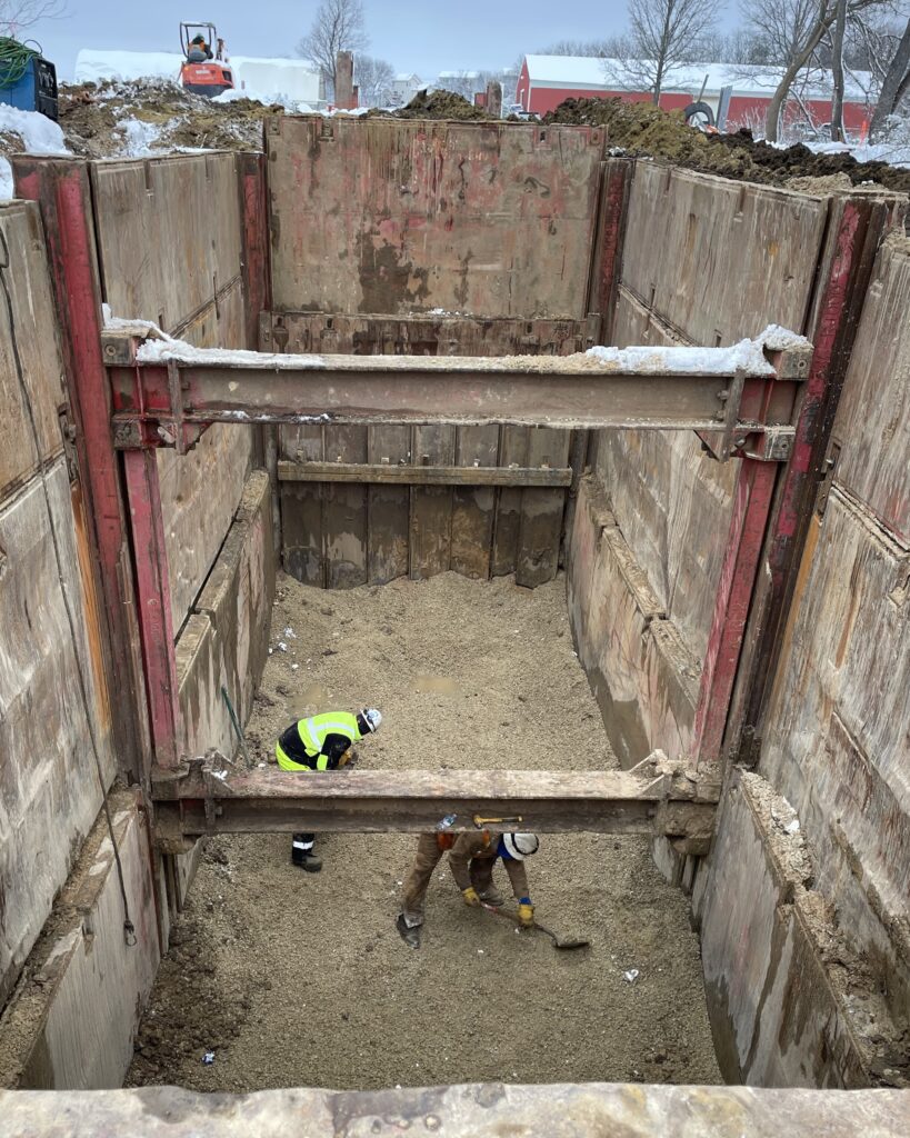 Contractors prepare the foundation of the launch pit during the PS 17 Force Main Relief Project Phase 2 in January 2024. The microtunneling equipment will be installed next.