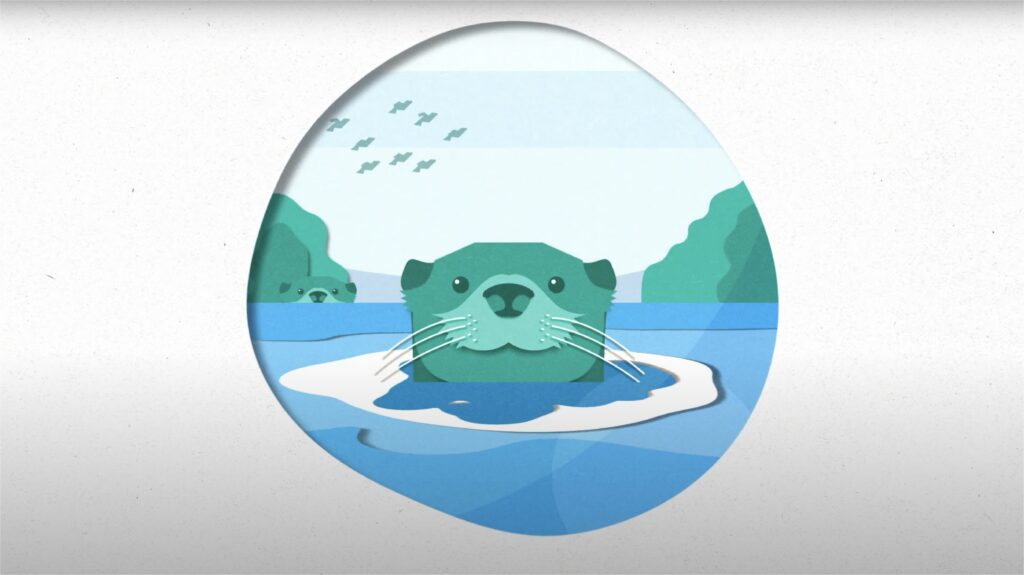 A screenshot of an otter in a river from the Flushables video series.