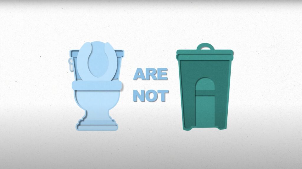 A screenshot of a toilet and a trashcan from the Flushables video series.