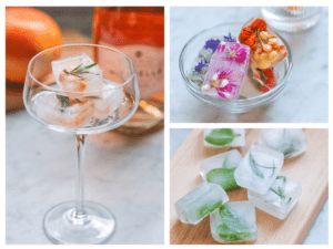 Ideas for fancy ice cubes: grapefruit and rosemary in a class, edible flower ice cubes in a bowl and herb ice cubes on a board.
