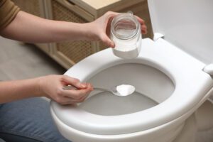 Woman Cleaning Toilet Bowl With Baking Soda, Indoors Closeup