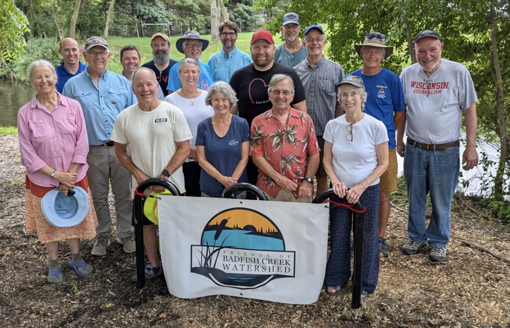 A group photo at the dedication for the CTH A Landing at Badfish Creek. Representatives from the District, Rutland Township, Friends of Badfish Creek Watershed and Rock River Coalition were present. (PC: Amanda Wegner, District)