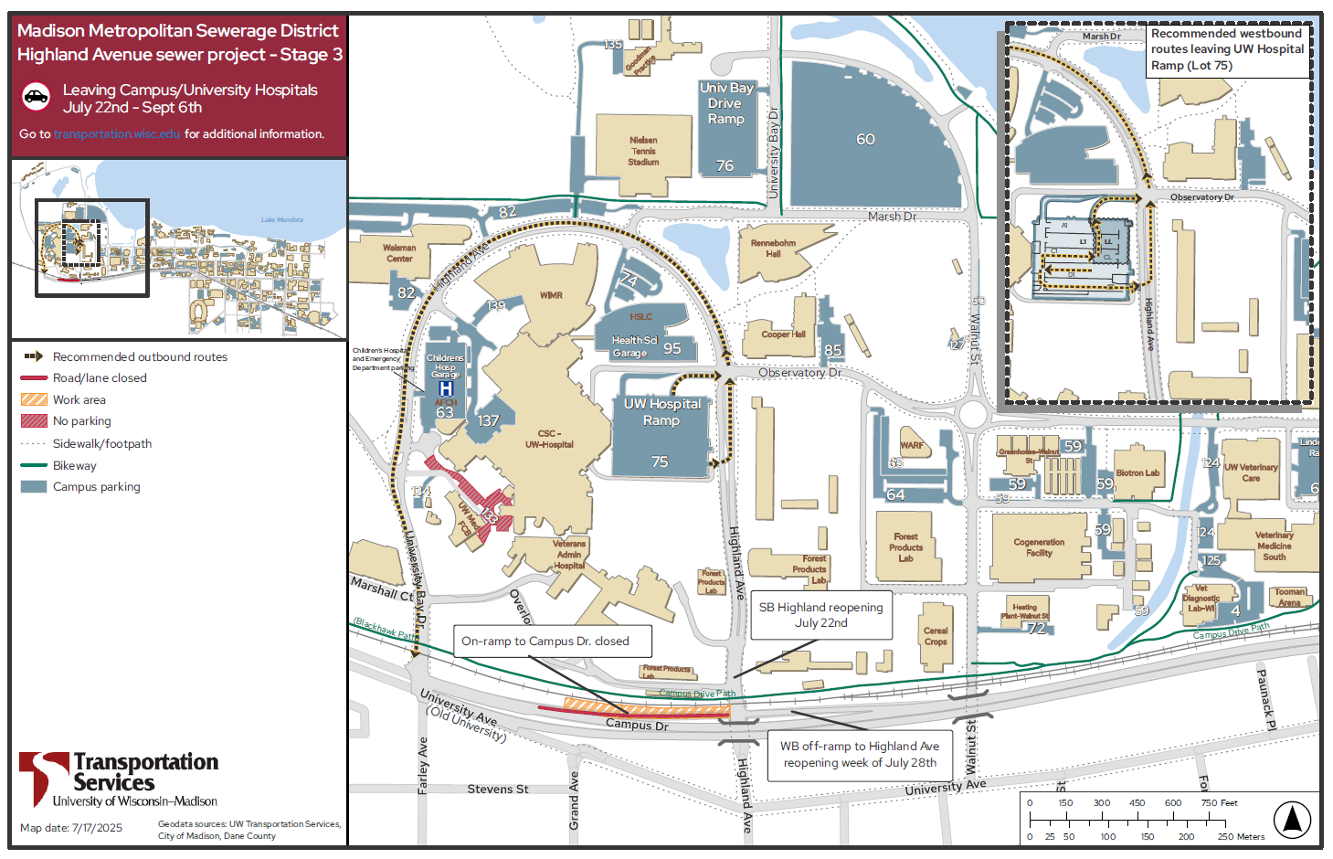 A map of detours planned for late July to early September for the Highland Ave. Sewer Project near University Ave. in Madison.