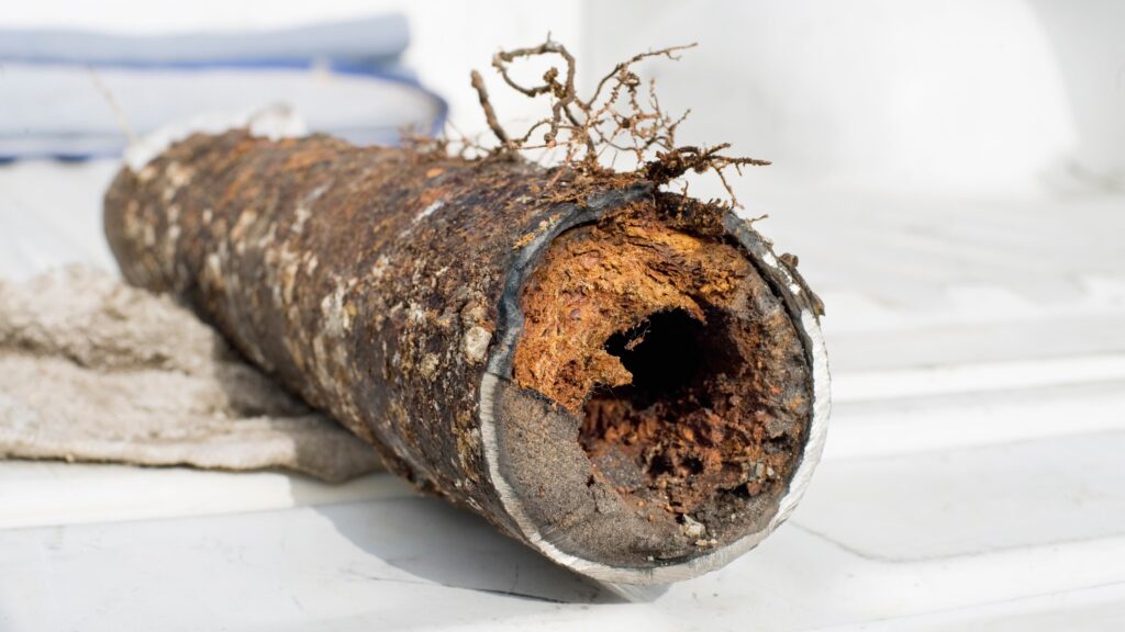 A cross-section of a clogged sewer lateral, showing a blockage in the pipe.