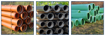 Three different types of sewer lateral pipe materials: clay, iron and PVC (l-r).