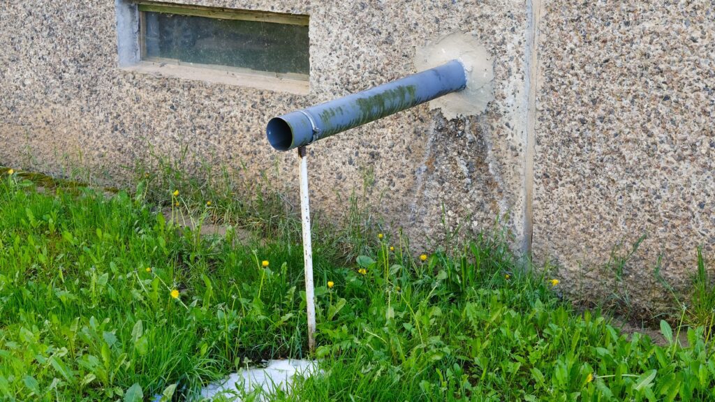 A properly configured pipe from a sump pump coming out of a home's foundation wall to the outdoor lawn.