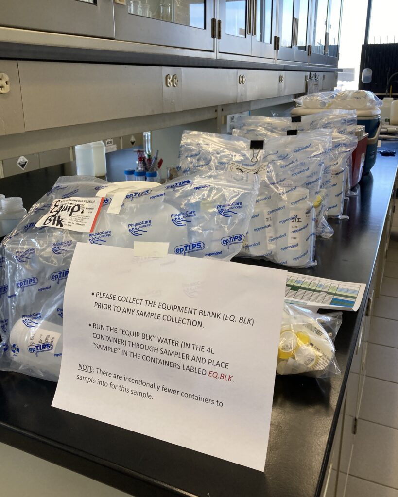 The lab preps sample bottles and lays them out so the CSS crew can “grab and go” on their way to a facility.
