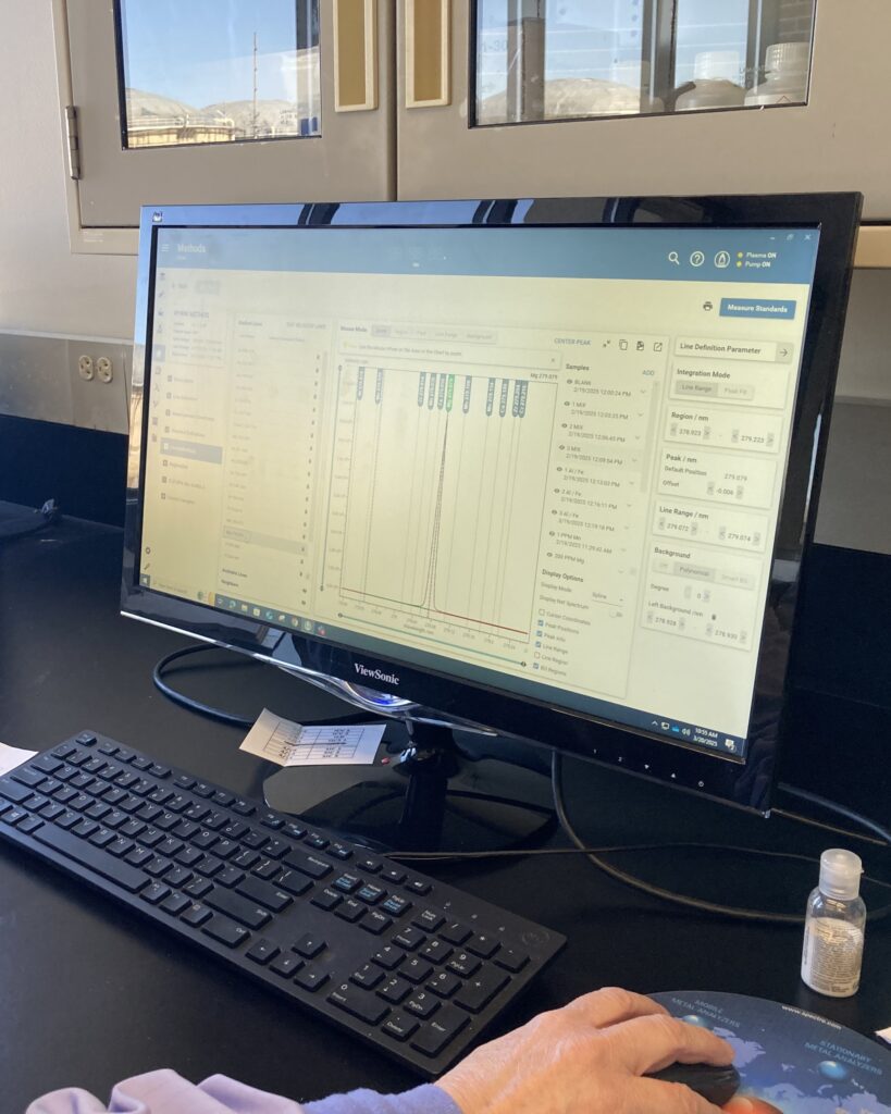 Kris uses the ICP instrument’s software to analyze the intensity of the spectra of different elements in an IP sample by comparing them to known standards. This analysis ensures the concentrations of metals in IP samples don’t exceed the permit limits.