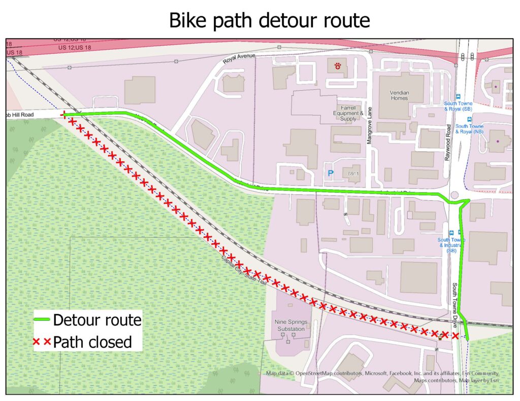A map of a bike detour on the Capital City Trail for an infrastructure repair project.