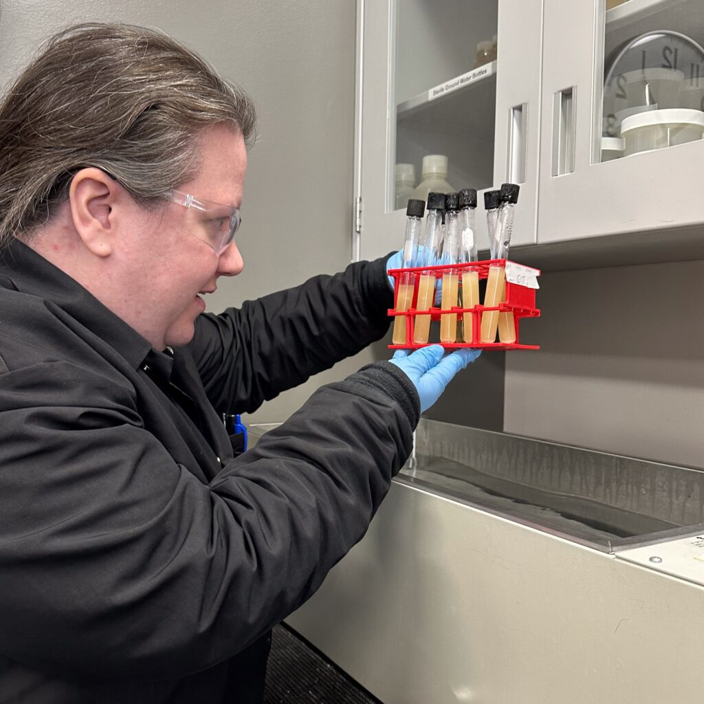 A chemist looks at test tubes in the lab.