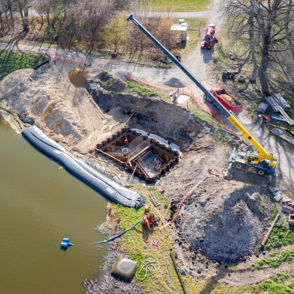 An aerial image of construction at the Nine Springs Wastewater Treatment Plant lagoons.
