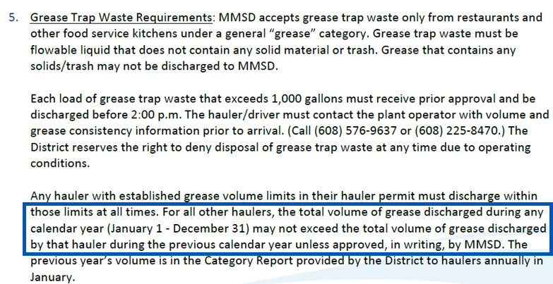 Starting September 1, 2024, the District added an enforceable requirement to its hauler permit that states that no hauler may exceed the previous year’s volume without written District approval.
