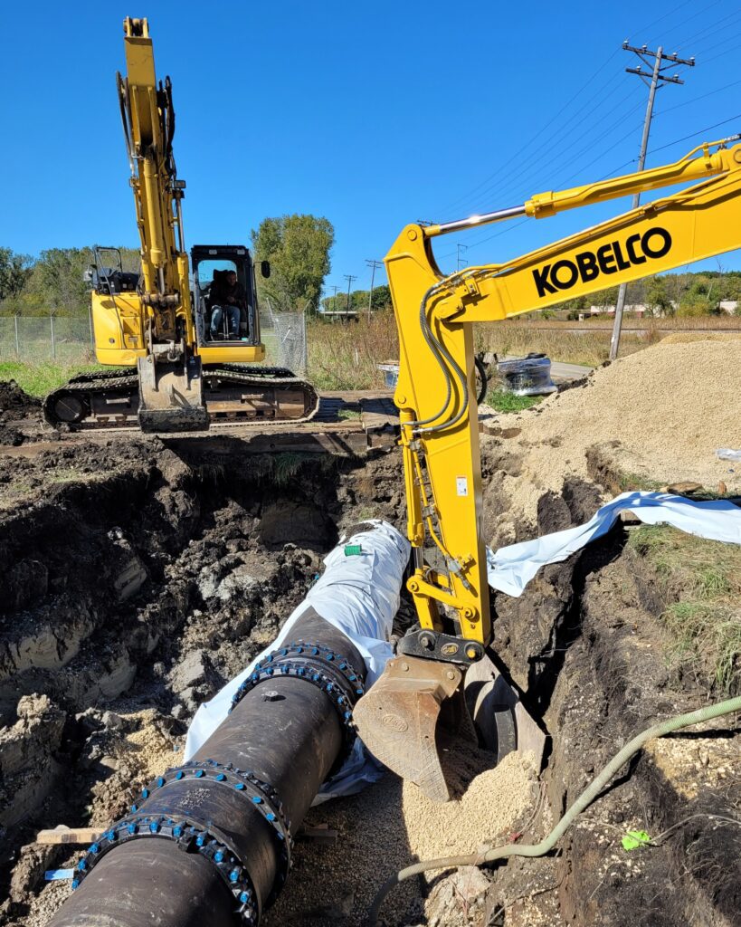 After three days, the PS 2 force main pipe repair was complete. The repair was tested by backfilling the force main; no leaks were found and the pipe was ready to be wrapped and the site backfilled.