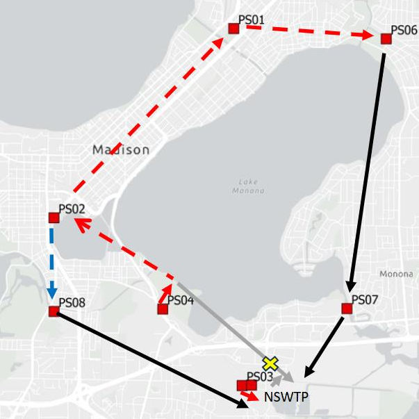 The red lines show the reverse flow sequence used during the PS 2 force main repair. The repair site is marked with a yellow X.