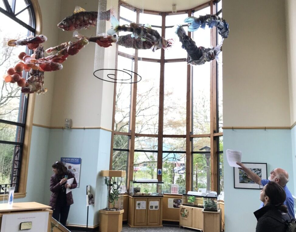 Fish sculptures hanging from the ceiling in a water education space.
