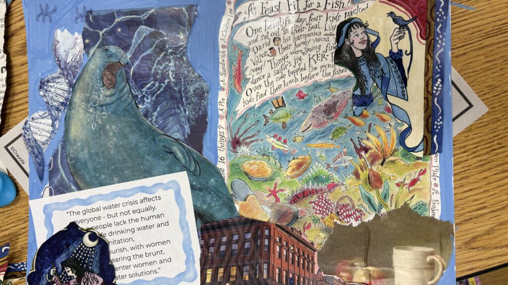 World Water Day 2026 collage created by a Madison student that features images of sea creatures, a woman in a flowy blue dress, a strand of DNA, and other small images, all set against a blue background with hand-drawn details.