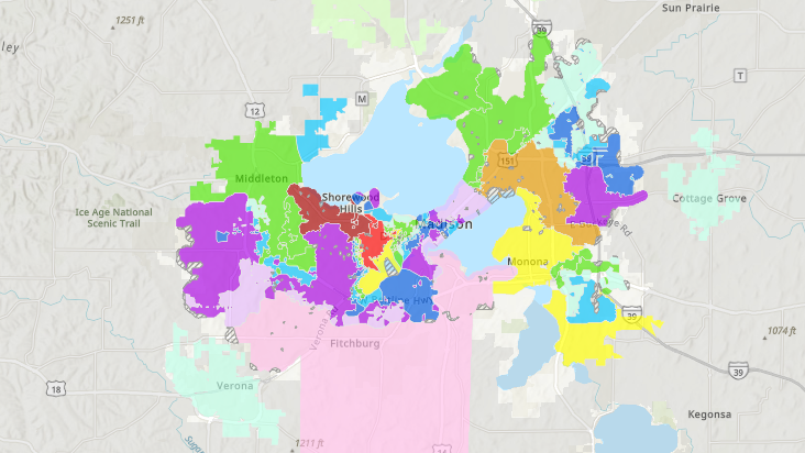 Colored polygons on a water hardness map of Dane County.