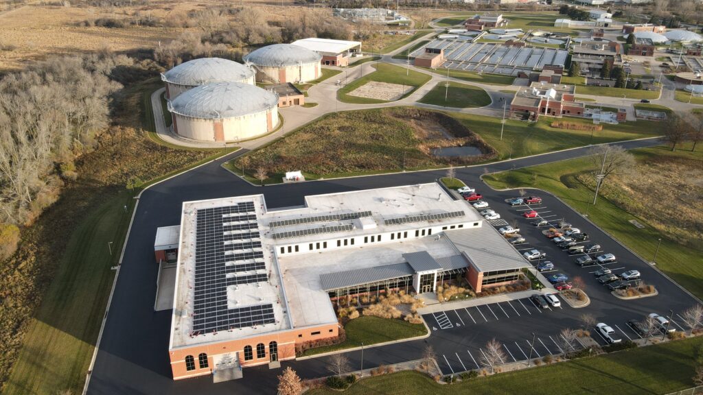 Aerial view of the Maintenance Facilities building and the solar panels installed on the roof, providing renewable energy.